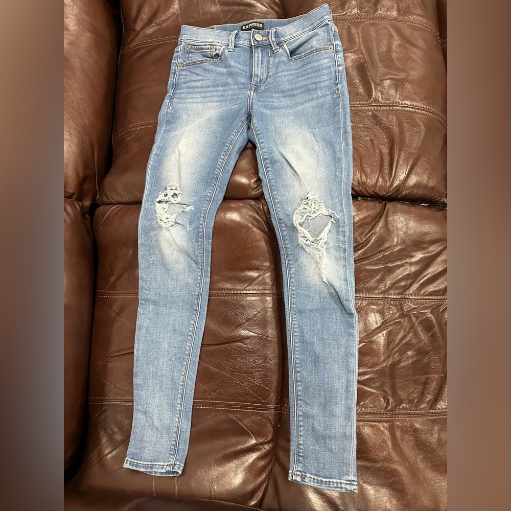 Express Light Blue Distressed Skinny Jeans